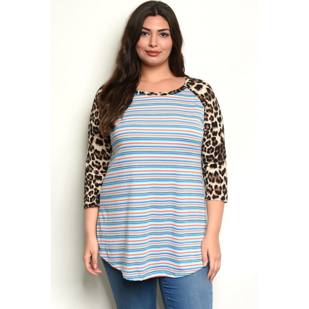 Blue Stripes Animal Leopard Print Plus Size Top - Picture 2 of 3